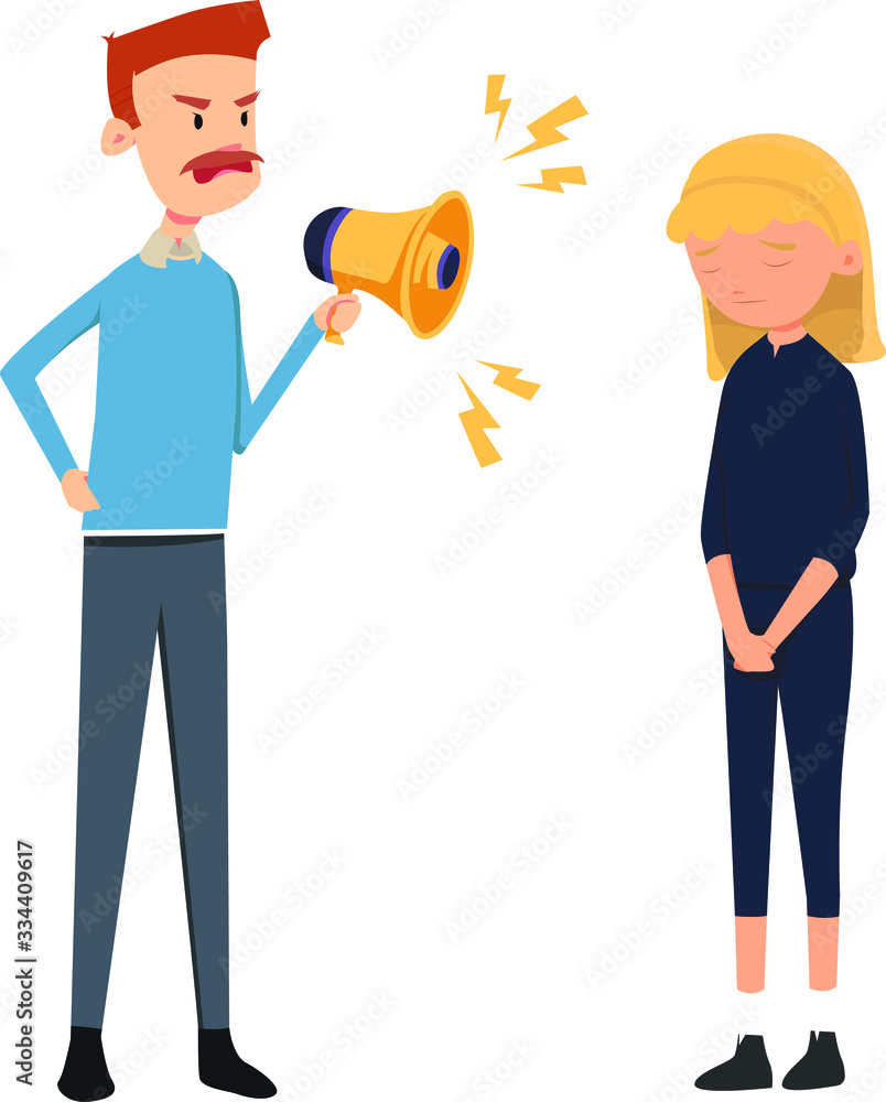 Male Boss mad and yell at his female secretary using megaphone