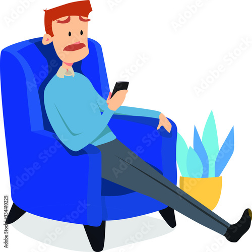 Male Director sit on comfy sofa and having chat with his device 