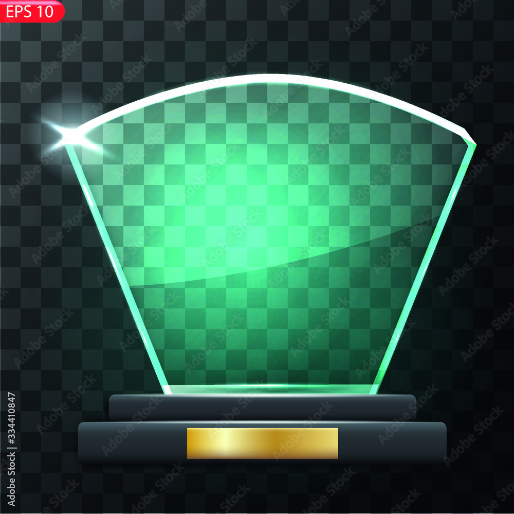 Glass Trophy Award. First place Prize plaque. Glass trophy mockup stand