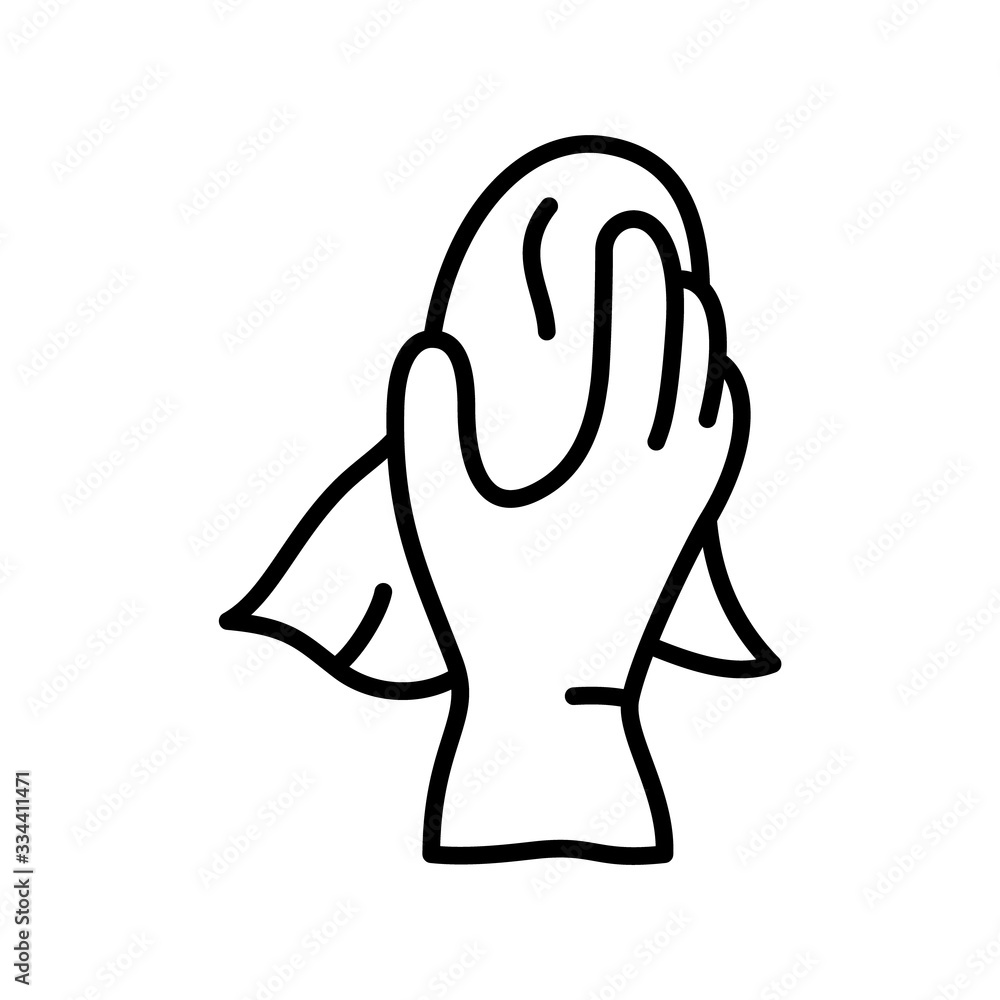 Hand in household rubber glove holds rag. Linear icon of wash dust, window, wipe furniture, floor. Illustration for wet house cleaning, polishing surfaces. Contour isolated vector on white background Hand in household rubber glove holds rag. Linear icon of wash dust, window, wipe furniture, floor. Illustration for wet house cleaning, polishing surfaces. Contour isolated vector on white background
