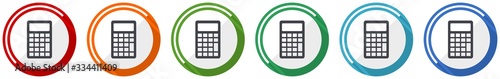 Calculator icon set, flat design vector illustration in 6 colors options for webdesign and mobile applications