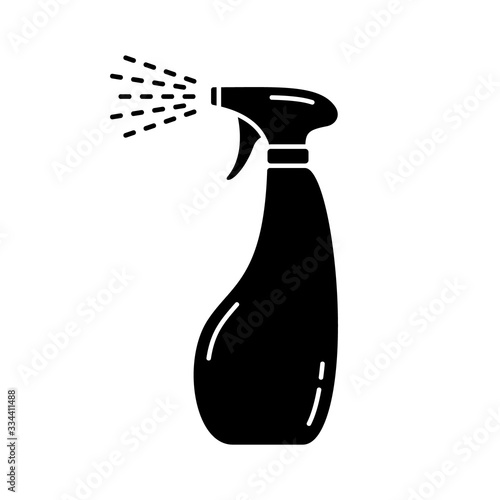 Silhouette Pulverizer vial. Outline icon of hand-shaped figured bottle with atomizer and flying drops. Illustration of sprayer, glass cleaner, polish, detergent. Flat isolated vector, white background