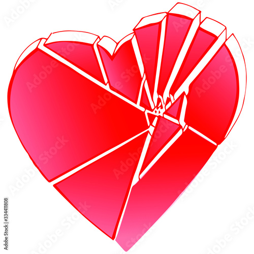 Vector illustration of a heart broken into pieces. Unhappy love.
