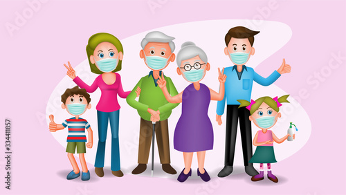 The cartoon illustration picture of a big family that wear face mask and ready to fight with Covid-19 spread disease. ( vector )