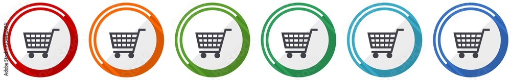 Shopping cart icon set, shop, trolley flat design vector illustration in 6 colors options for webdesign and mobile applications Shopping cart icon set, shop, trolley flat design vector illustration in 6 colors options for webdesign and mobile applications