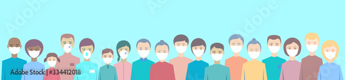 Group of people wearing medical masks to prevent disease, flu, air pollution, contaminated air, world pollution. Vector illustration in a flat style