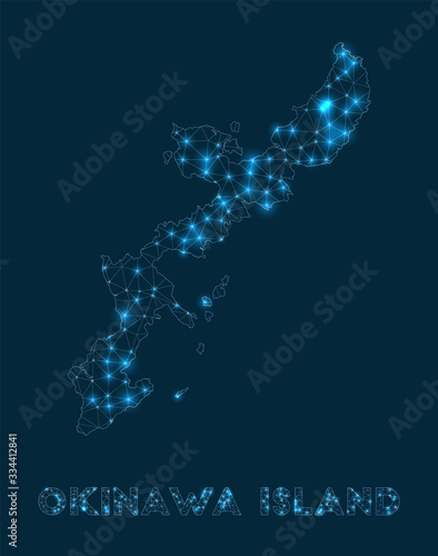 Okinawa Island network map. Abstract geometric map of the island. Internet connections and telecommunication design. Artistic vector illustration.