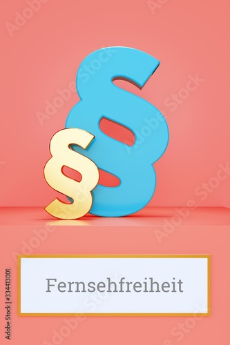 Fernsehfreiheit. Wort auf Schild. Präsentation von Paragrafen auf Podest in Museum. Symbol für Recht, Gesetz, Urteil. Rosa Hintergrund photo