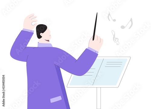 Cartoon male orchestra director vector flat illustration. Colorful man conductor classical music maestro gesturing in front of musical notes book isolated on white background
