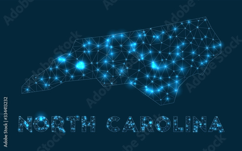 North Carolina network map. Abstract geometric map of the US state. Internet connections and telecommunication design. Appealing vector illustration.