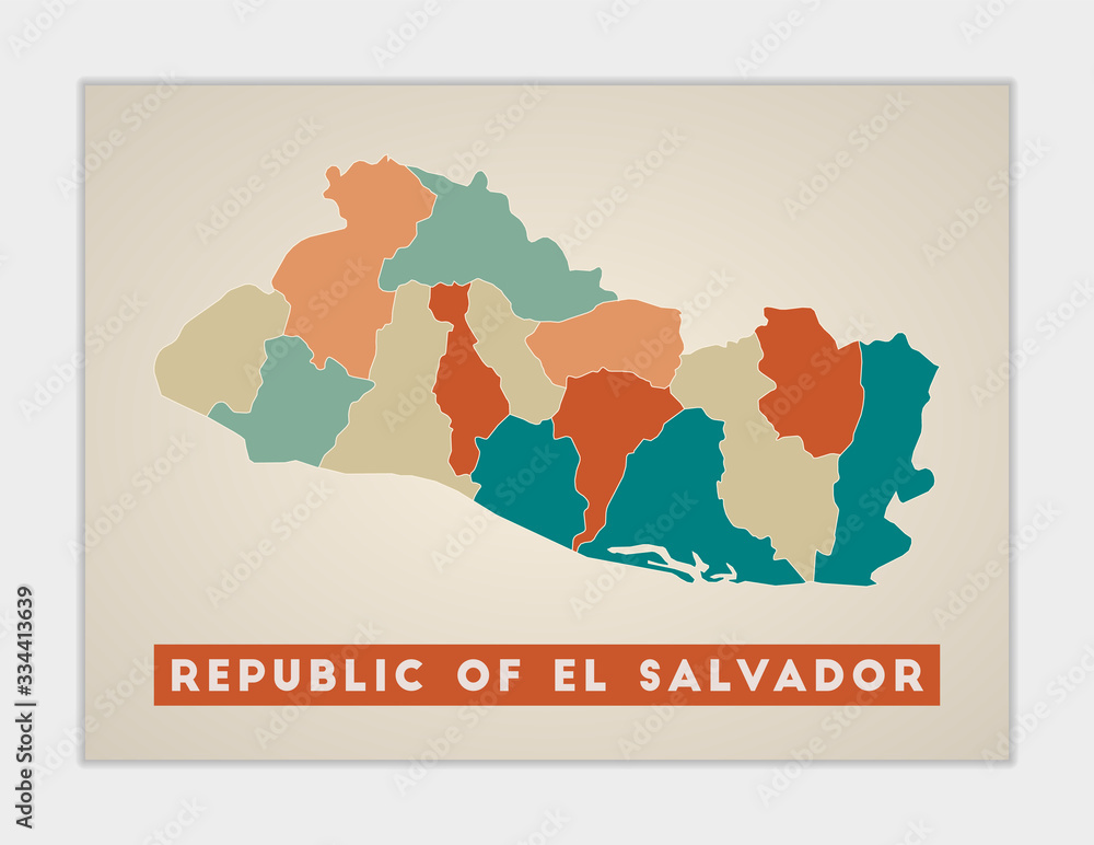 Republic of El Salvador poster. Map of the country with colorful regions. Shape of Republic of El Salvador with country name. Modern vector illustration.
