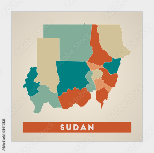 Sudan poster. Map of the country with colorful regions. Shape of Sudan with country name. Classy vector illustration.