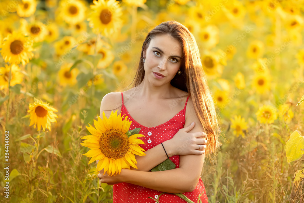 Portrait of young woman in the field with sunflowers Portrait of young woman in the field with sunflowers