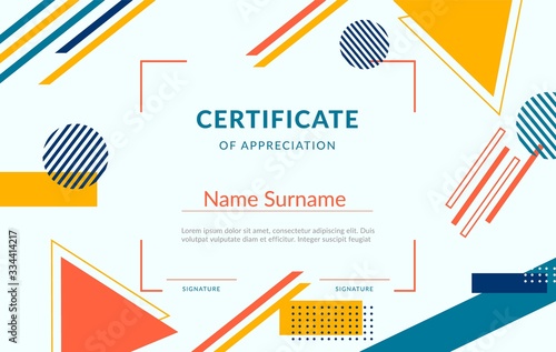 Colorful geometric design certificate of appreciation template with place for text. Modern simple colored creative diploma abstract ornament style vector flat illustration. Elegant document blank
