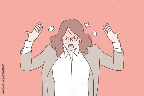 Anger, agression, stress, depression, nervous breakdown, business concept. Angry mad furious businesswoman, girl clerk manager yelling. Nervous breakdown. Raising of stress level and mental hysterics.