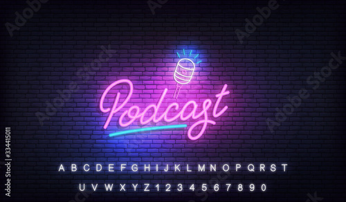 Podcast neon. Glowing podcast lettering sign template