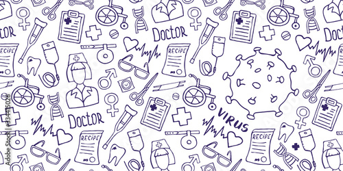 Medical background with virus icon. Medicine seamless doodle pattern. Hand drawn health care, pharmacy, chemical cartoon header. Vector illustrations.