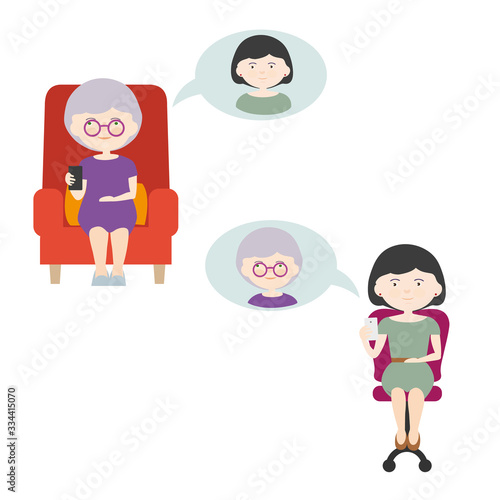 Cartoon illustration of two phoning women with mobile phone in hand. Daughter Calling Mother While Separating, Vector