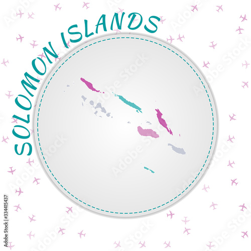 Solomon Islands map design. Map of the country with regions in emerald-amethyst color palette. Rounded travel to Solomon Islands poster with country name and airplanes background.