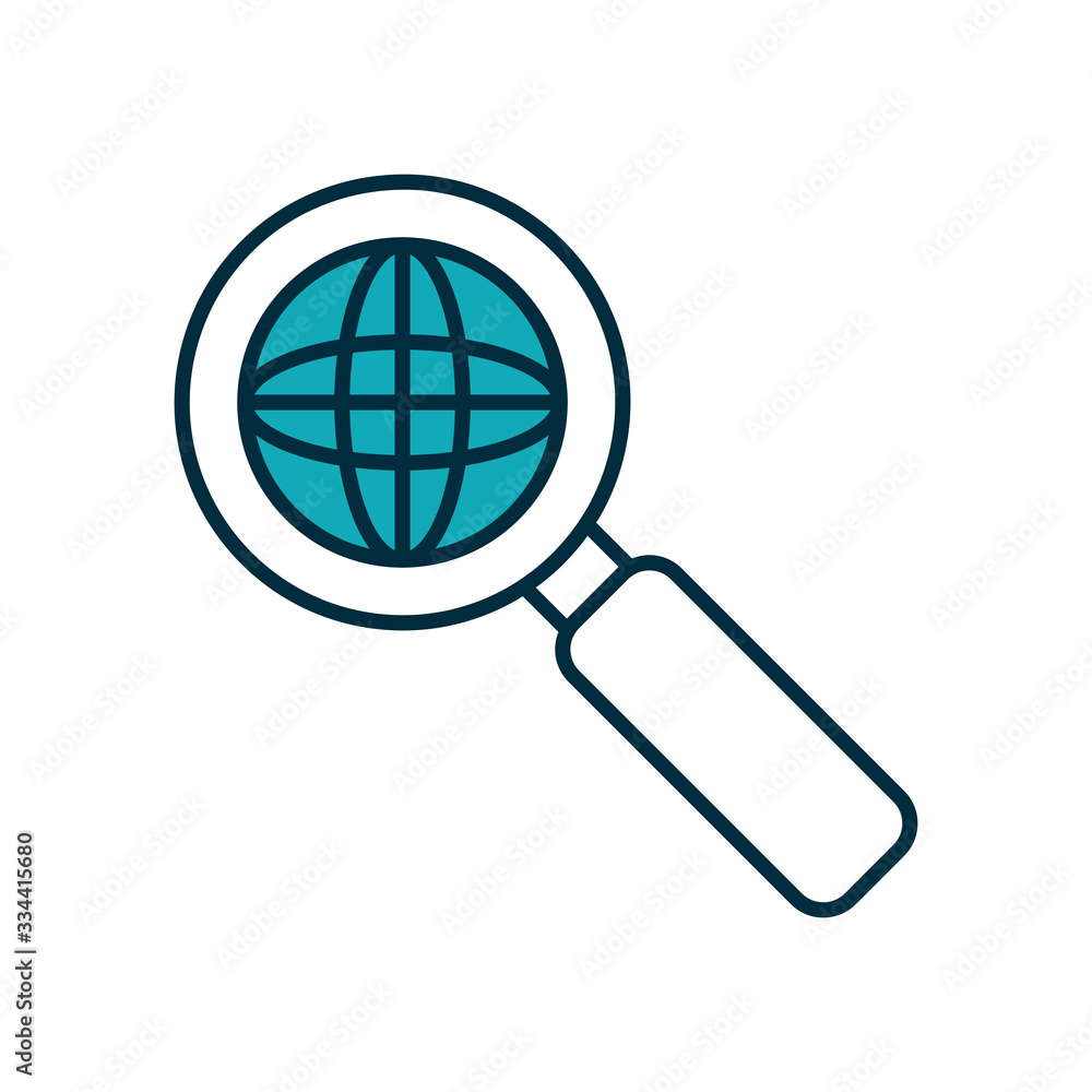 global sphere and magnifying glass icon, half line half color style global sphere and magnifying glass icon, half line half color style