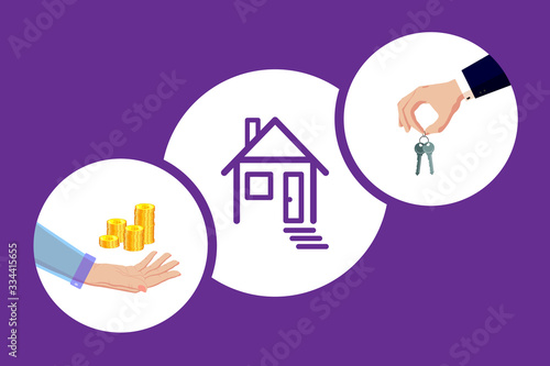 Hand in a suit gives house keys after the sale of real estate. Buying a property for sale. Vector horizontal