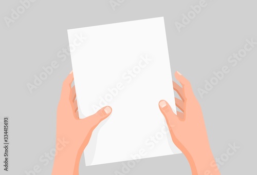 Cartoon human hands hold clear paper sheet template vector graphic illustration. Colored male arms with white empty blank page document isolated on gray background. Concept of advertisement design