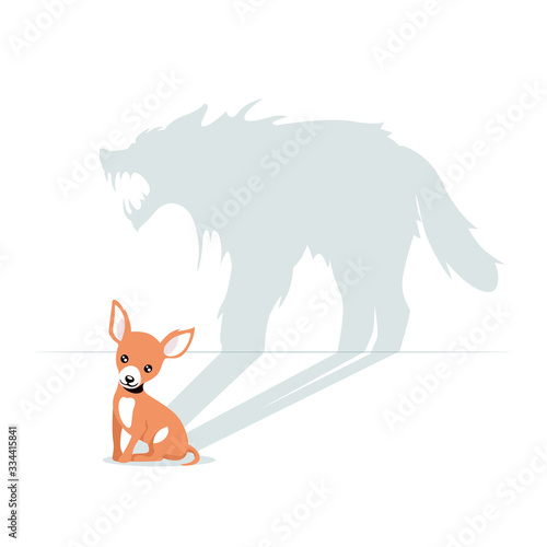 Cartoon cute little dog having horrible beast shadow isolated on white background. Funny domestic animal having angry wolf reflection vector graphic illustration. Concept of dark side of personality