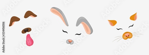 Set of cartoon cute animal face elements mask photo filter vector graphic illustration. Funny dog, bunny and cat carnival decoration items ears, noses, eyes and tongue isolated on white background