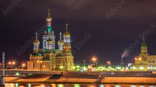 Cathedral of the Annunciation at night, Malaya Kokshaga river, Russia, Yoshkar-Ola photo