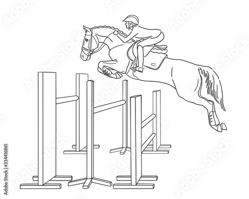 Young rider and a horse jump over a triple obstacle