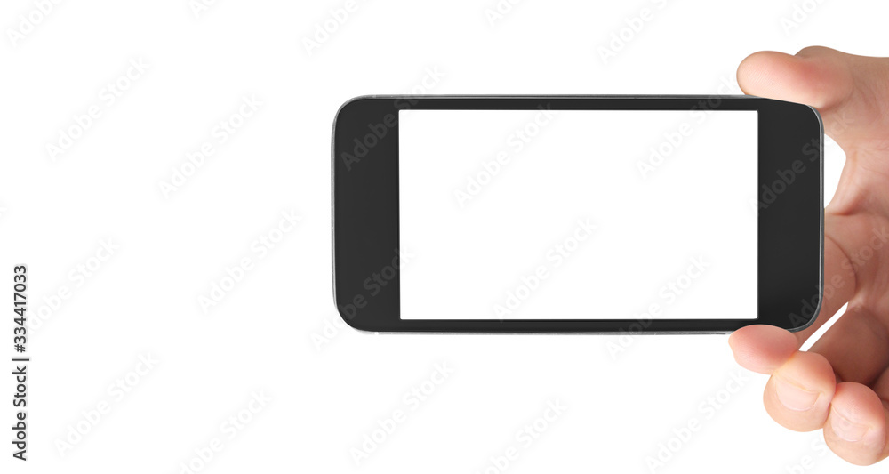 Hand holding smartphone device touching screen Hand holding smartphone device touching screen
