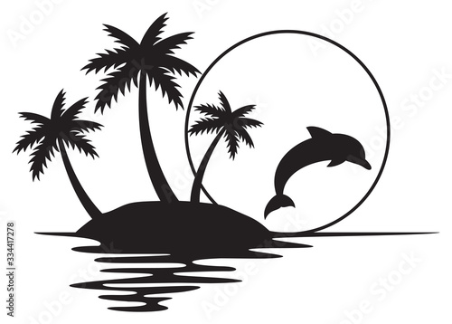 Illustration of tropical island with palms, sunset and dolphin (summer design)