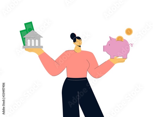 Cartoon colorful woman choosing between saving cash in bank and piggybank isolated on white. Female with financial literacy choose balance money economy big limbs style vector flat illustration