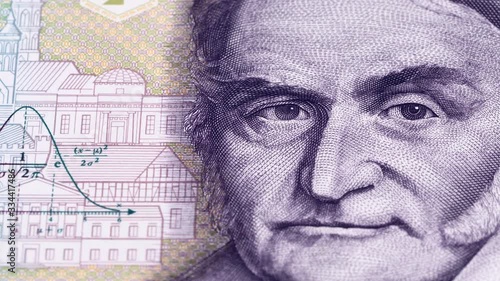 Wallpaper Mural Carl Friedrich Gauss on 10 Deutsche Mark (1991) tracking. Genius mathematician. Slider shot. Low angle, 4K Torontodigital.ca