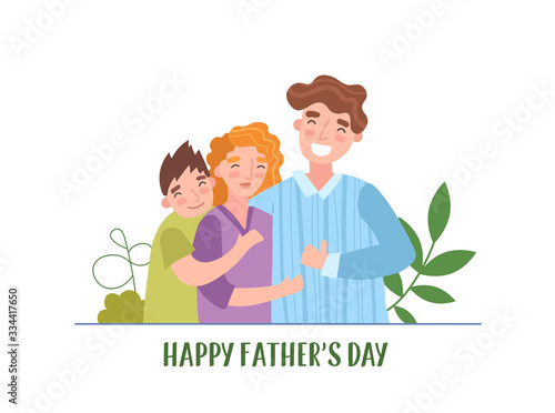 A happy, caucasian family of three in a fathers day vector illustration.