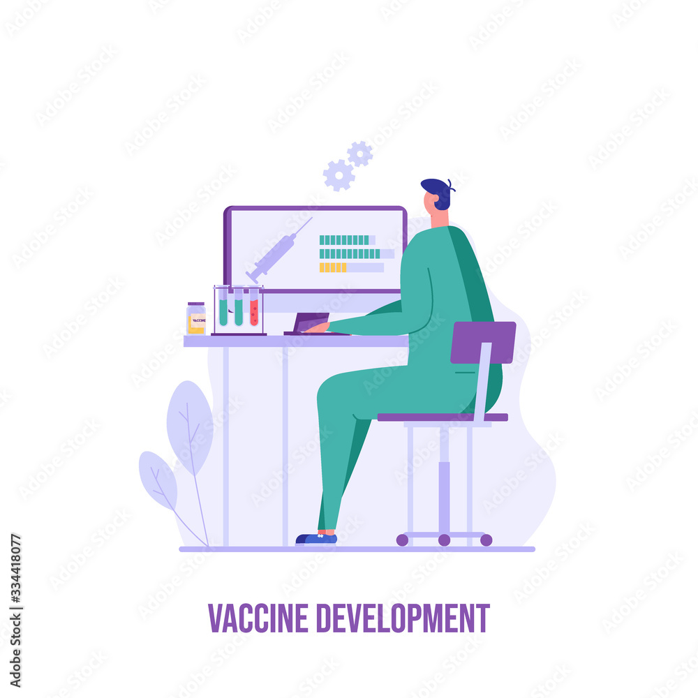 Medical worker or doctor making vaccine against virus in clinic. Vaccine development. Concept of vaccine, coronavirus, vaccination, immunization, covid-19. Vector illustration in flat design Medical worker or doctor making vaccine against virus in clinic. Vaccine development. Concept of vaccine, coronavirus, vaccination, immunization, covid-19. Vector illustration in flat design
