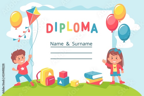 Cartoon colorful preschool or school child diploma template vector graphic illustration. Kid certificate with colored boy and girl characters with balloons, books and toys at blue sky background