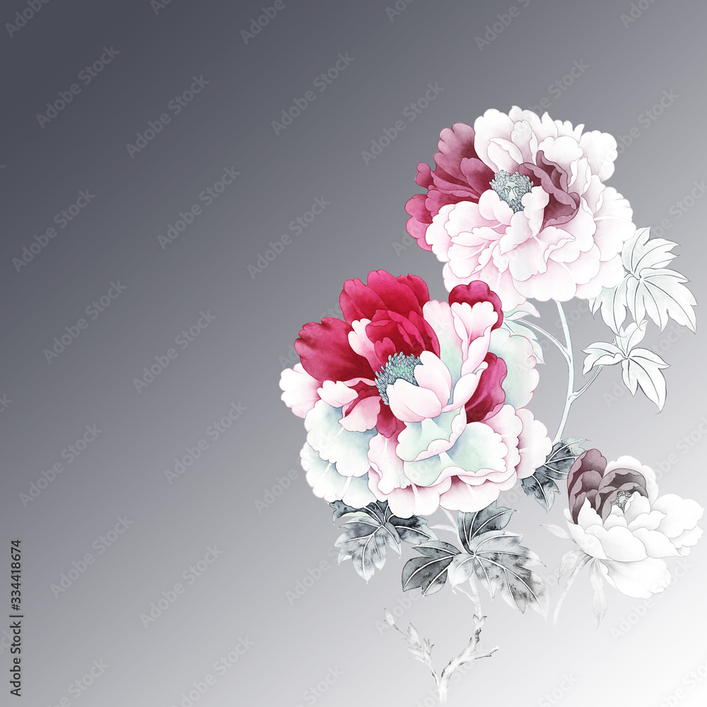 Oriental style painting, Ink Painting of Chinese Peony，can be used for  floral poster, invite. Decorative greeting card or invitation design background