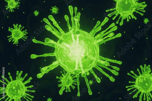 Green virus biology 3D illustration for health science background.