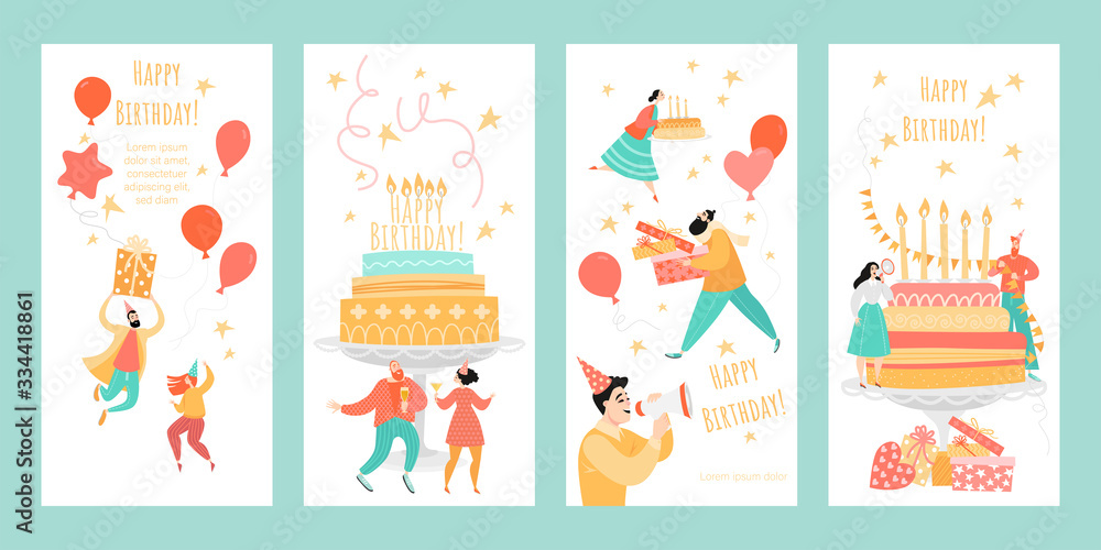 Set of templates for greeting banners or birthday cards with happy young people, gifts and cakes with candles on a white background