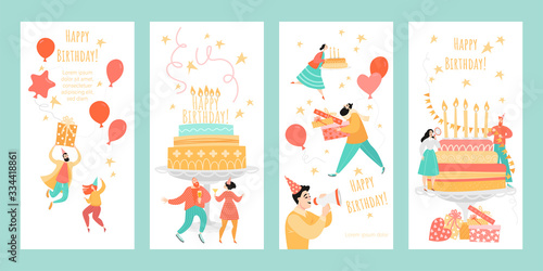 Set of templates for greeting banners or birthday cards with happy young people, gifts and cakes with candles on a white background