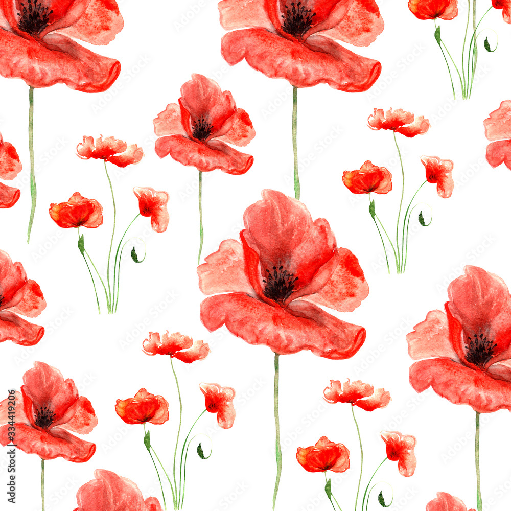 big and small red summer poppies with stems watercolor painted pattern