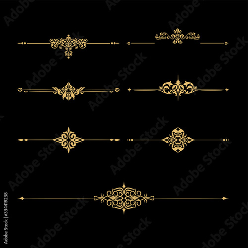 Set of golden realistic vintage decorative border text delimiters vector graphic illustration. Collection of luxury classic elegant retro frame ornament isolated on black background