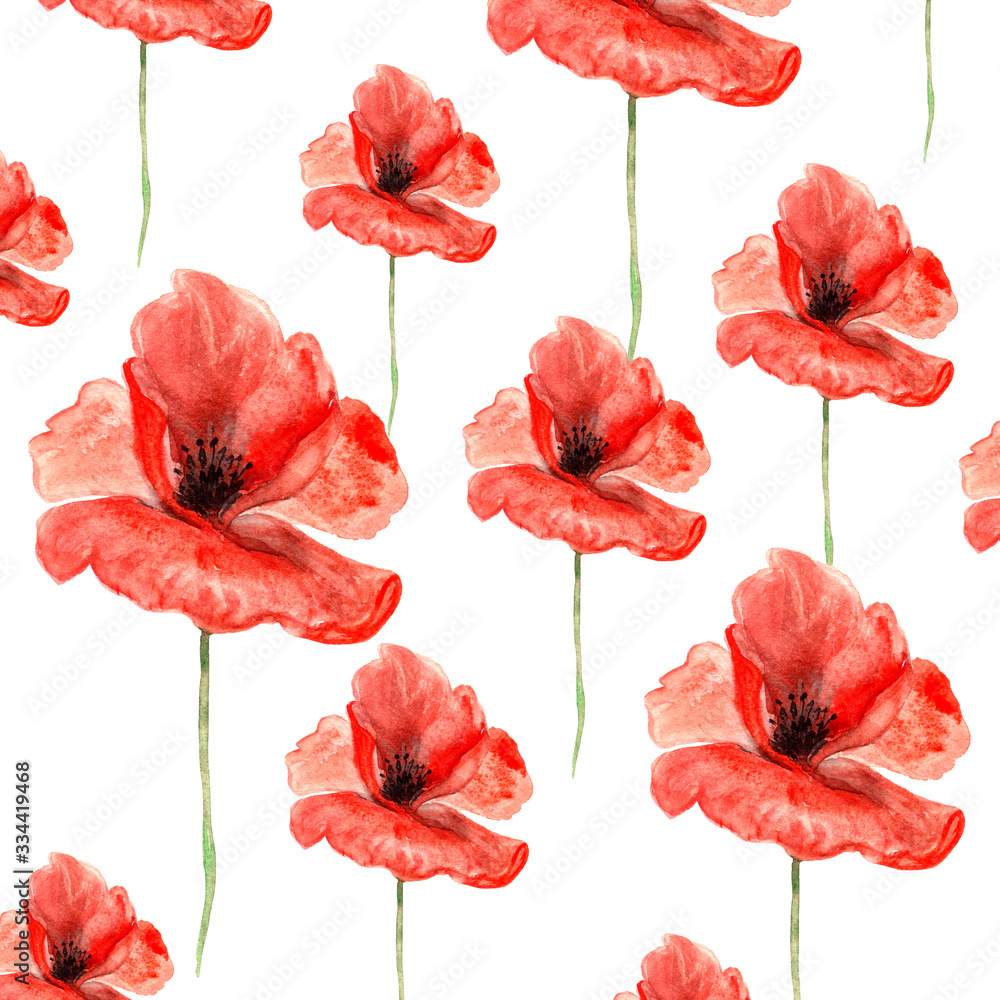 big red summer poppies with stems watercolor painted pattern