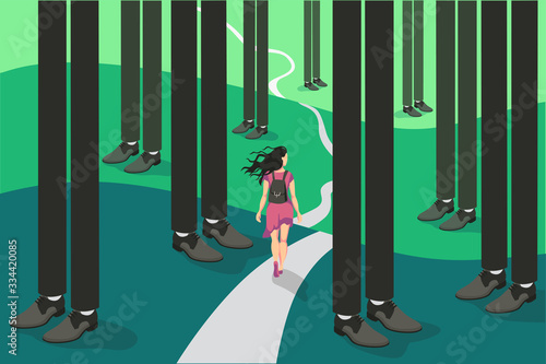 Cartoon backpacker travel tiny woman go on hard way surrounded by abstract forest legs businessman vector illustration. Concept of emancipation, female power, leadership, overcoming difficulties
