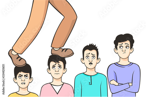 Legs of cartoon business male go over head of stairs from frustrated man vector illustration. Person moving on competitors stairway to success isolated on white. Concept of achievement and career