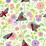 Six spot burnet butterfly seamless vector pattern background. Day flying moth Indian floral style backdrop. Scottish coastal insect all over print for Scotland summer vacation, wildlife concept.