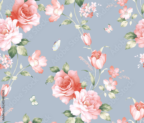 Watercolor seamless pattern with roses , tulips. Watercolor decoration pattern. Vintage watecolor background. Perfect for wallpaper, fabric design, wrapping paper, surface textures, digital paper.