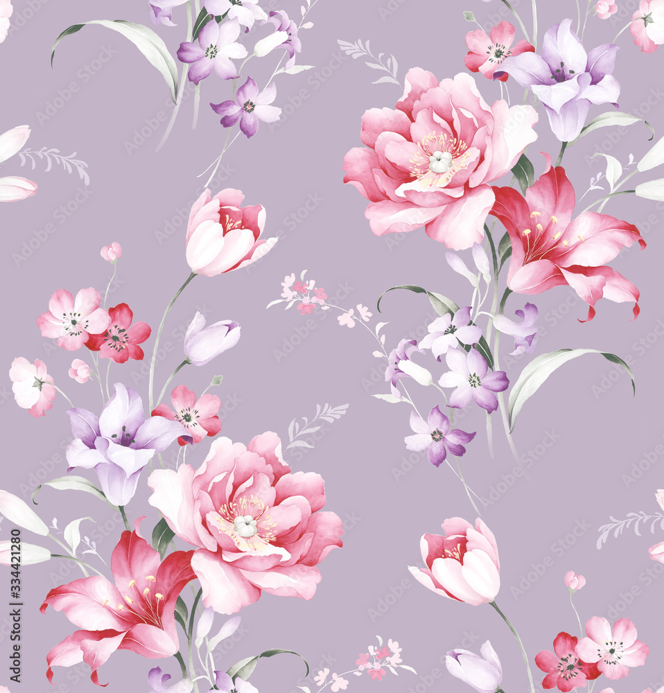 Watercolor seamless pattern with rose, tulip ,lily flowers. Watercolor decoration pattern. Perfect for wallpaper, fabric design, wrapping paper, surface textures, digital paper.