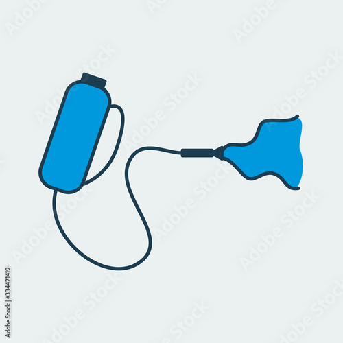 Vector icon of a tank with cleaning agent and sprinkler for cleaning and disinfecting surfaces. It represents a concept of medical protection, cleanliness, hygiene, health safety and virus protection